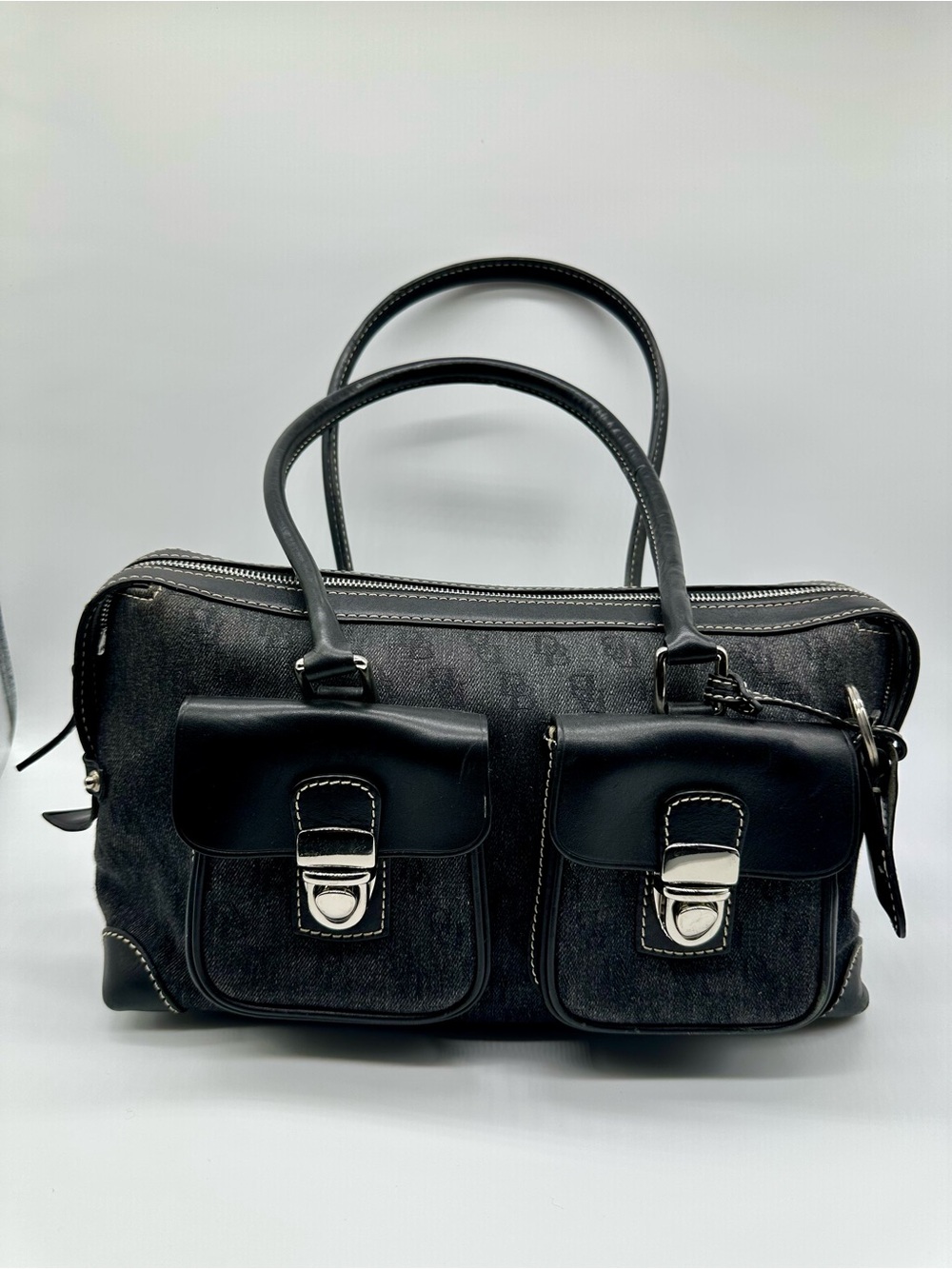 Dooney & Bourke Black Two-Pocket Satchel with Silver Hardware
